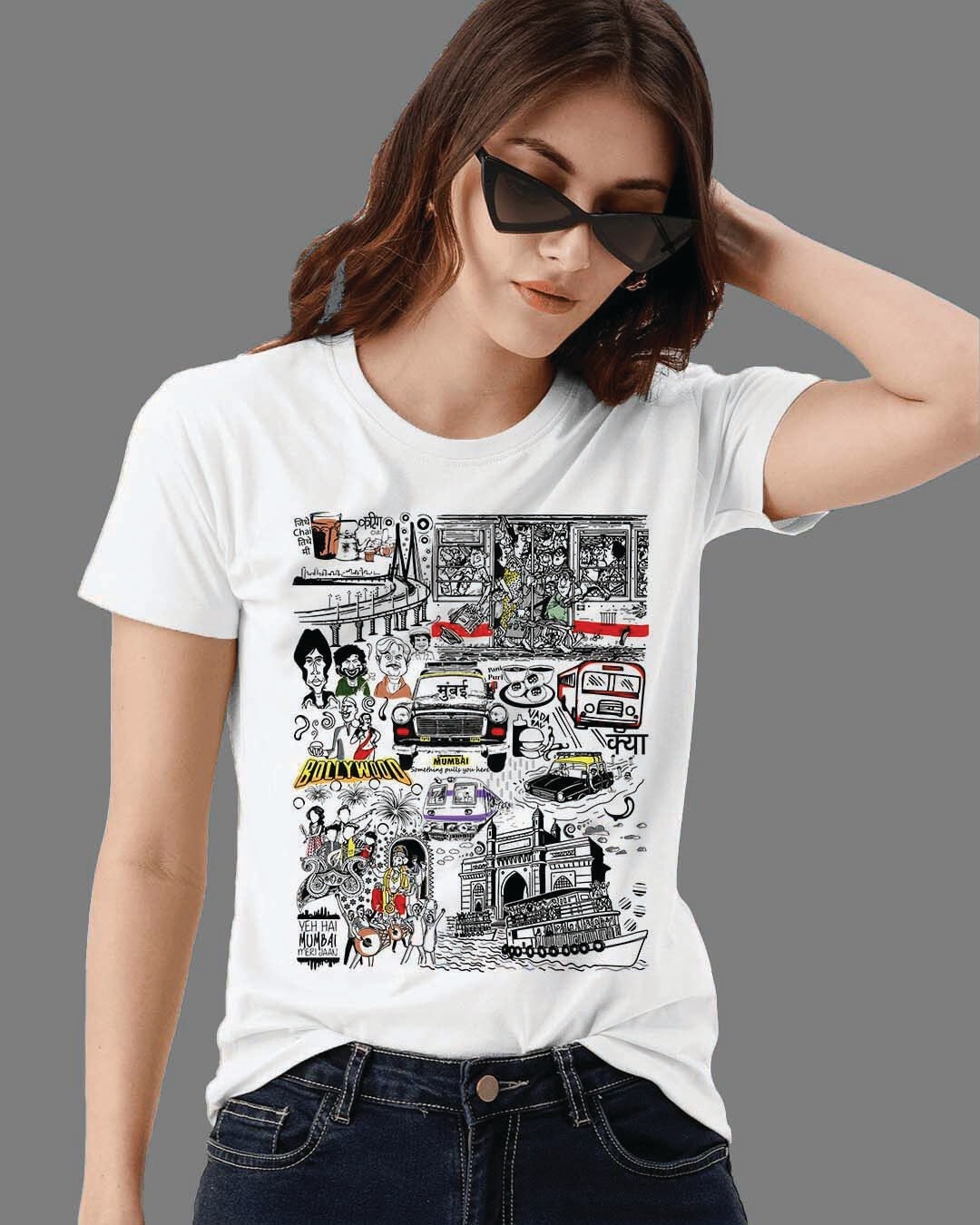 Buy Women's White Aamchi Mumbai Travel Doodle Premium Cotton Tshirt
