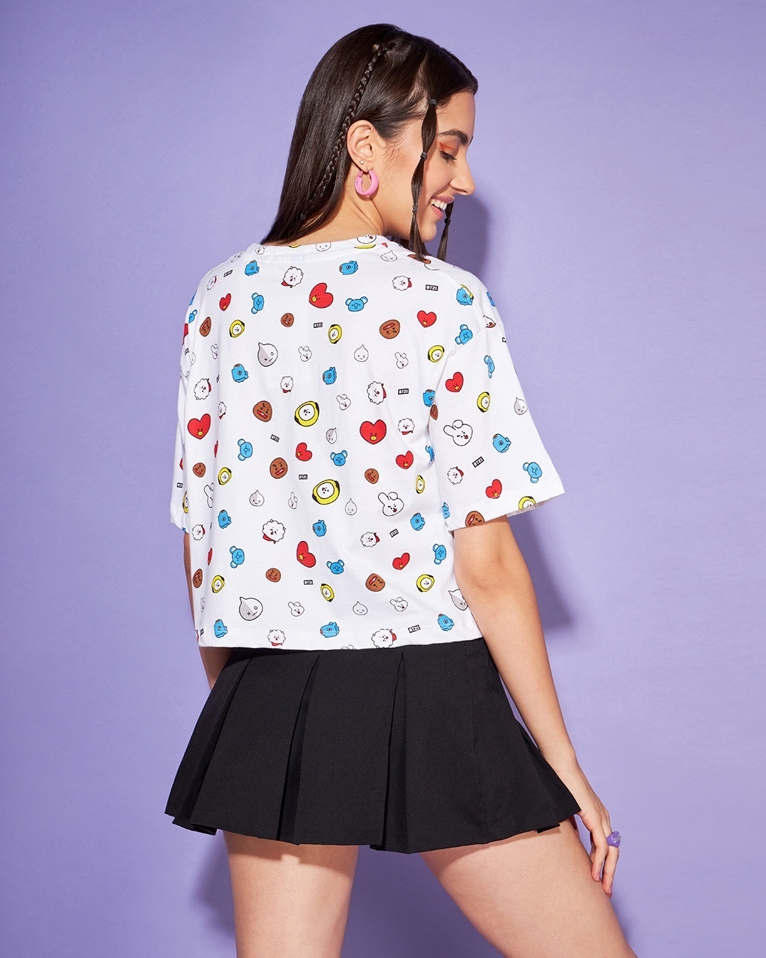 Shop Women's White All Over BTS Doodle Printed Oversized Fit Cropped T-shirt-Full