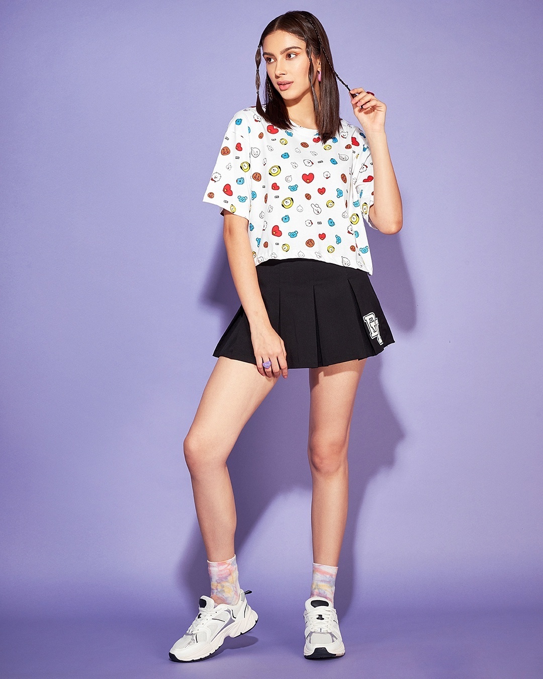 Shop Women's White All Over BTS Doodle Printed Oversized Fit Cropped T-shirt