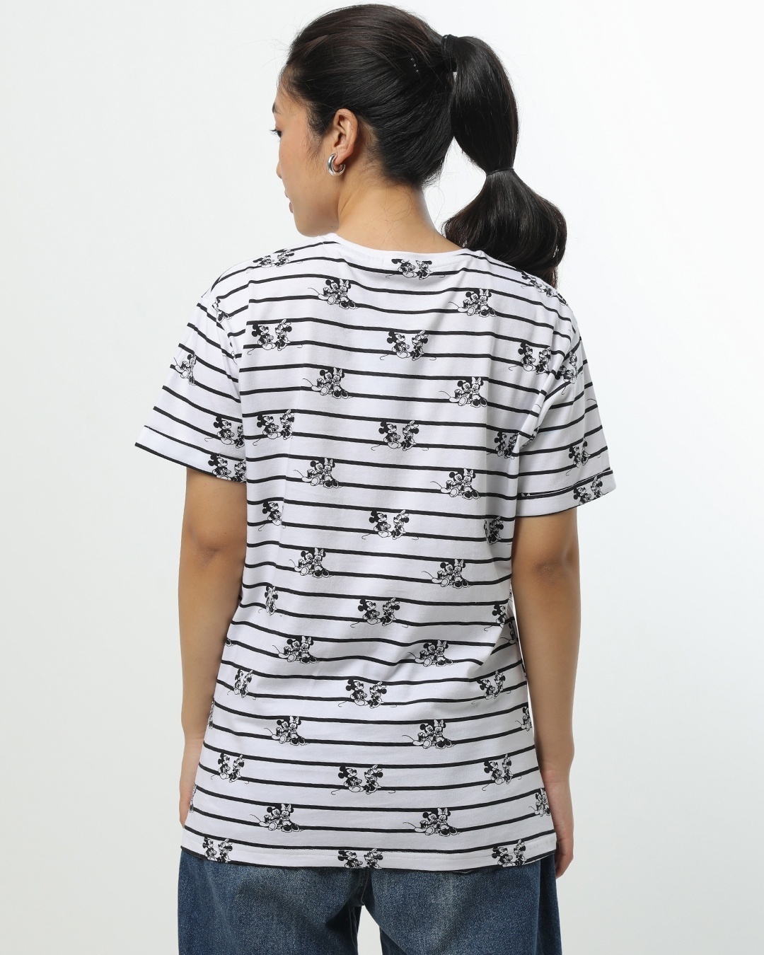 Shop Women's White All Over Mickey & Minnie Printed Stripe Boyfriend T-shirt-Back