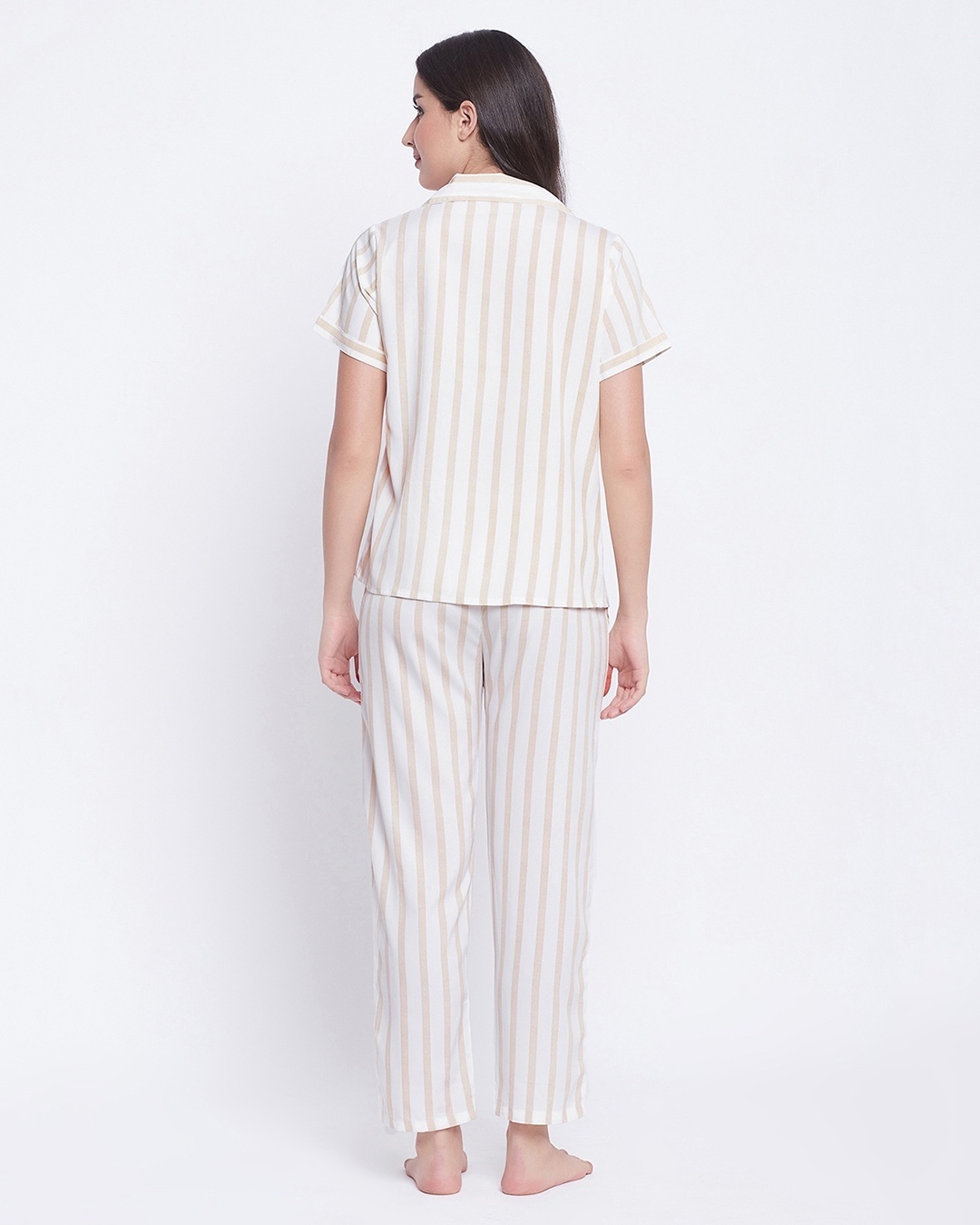 Shop Women's White & Beige Striped Nightsuit-Design