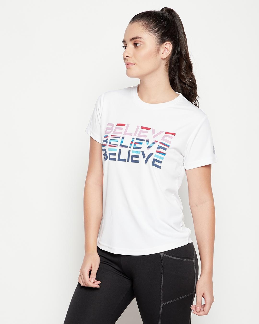 Shop Women's White Believe Typography Activewear T-shirt-Back