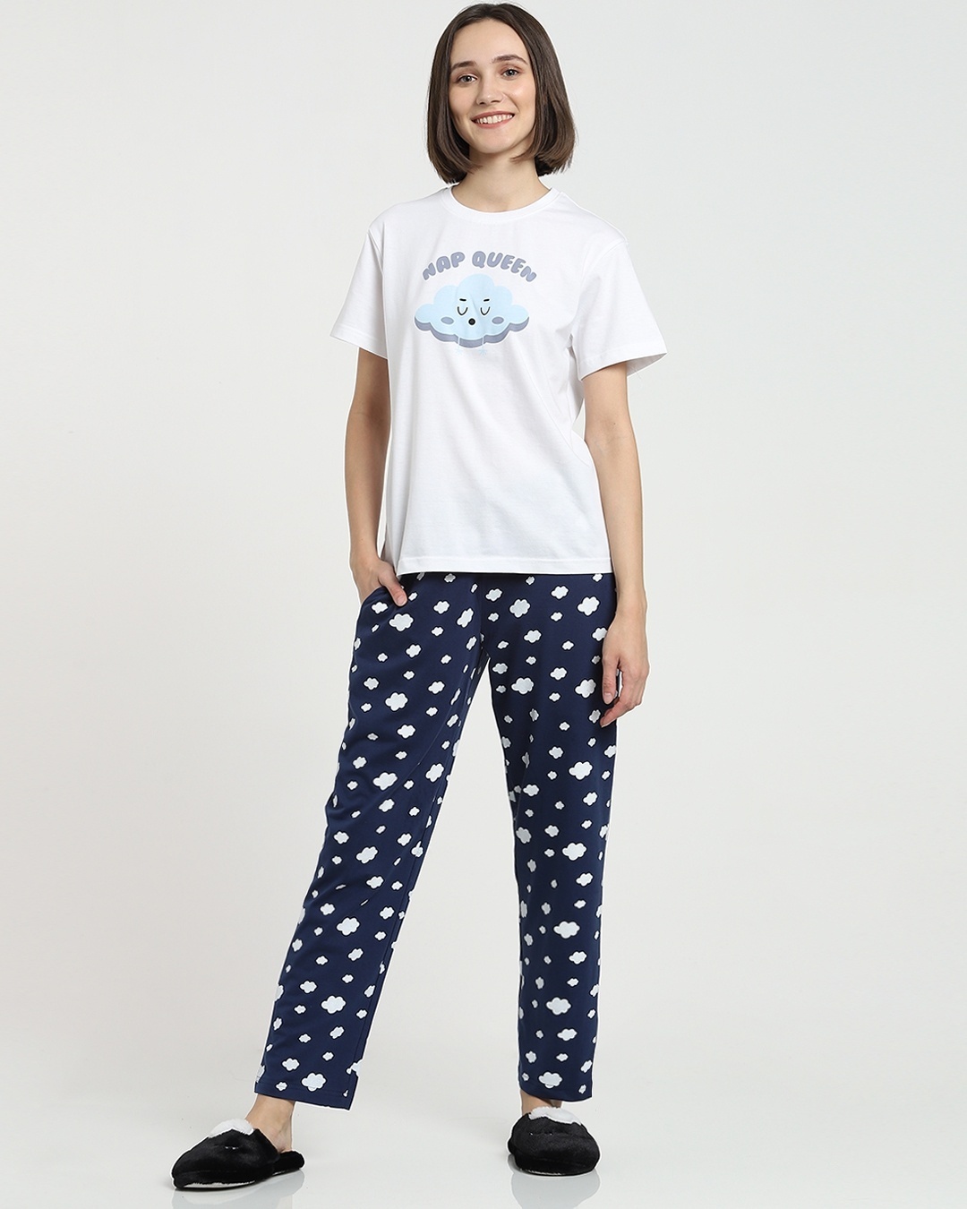 Shop Women's White & Blue Graphic Printed T-shirt & Pyjama Set-Back
