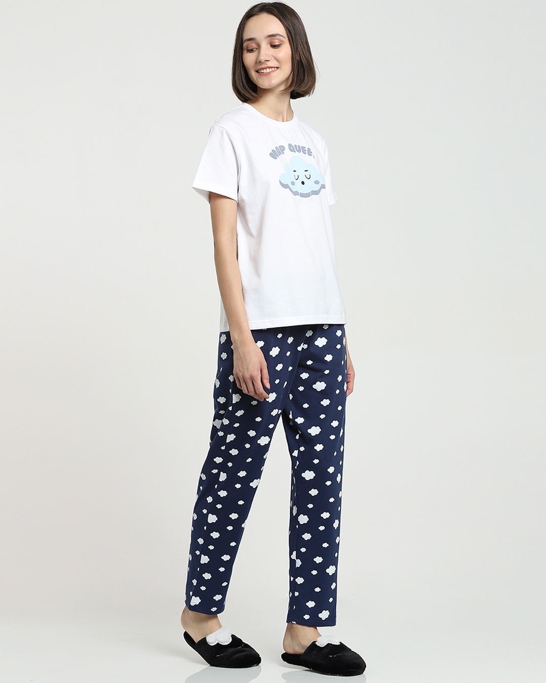 Shop Women's White & Blue Graphic Printed T-shirt & Pyjama Set-Design
