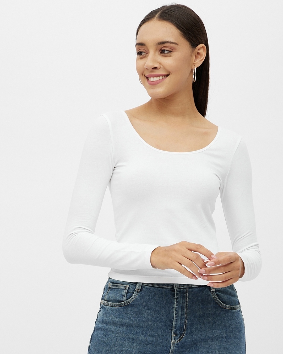 Shop Women's White Cotton Scoop Neck Long Sleeve T-shirt-Front