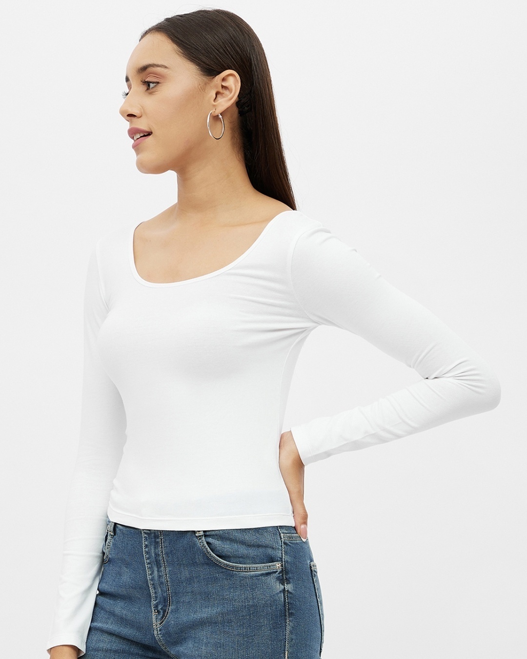 Shop Women's White Cotton Scoop Neck Long Sleeve T-shirt-Back