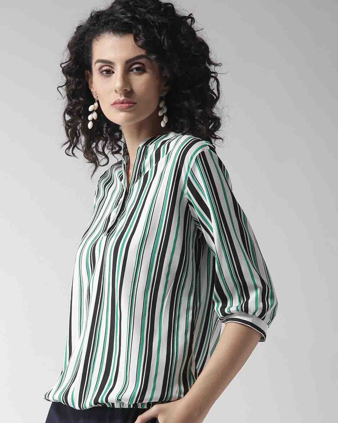 Shop Women's White & Green Striped Blouson Top-Back