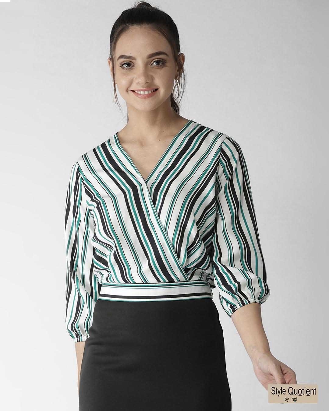 Shop Women's White & Green Striped Crop Wrap Top-Front