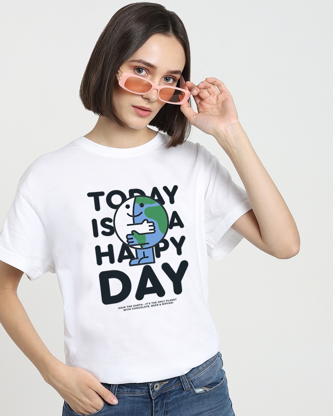 Shop Women's White Happy Earth Typography Boyfriend T-shirt-Front