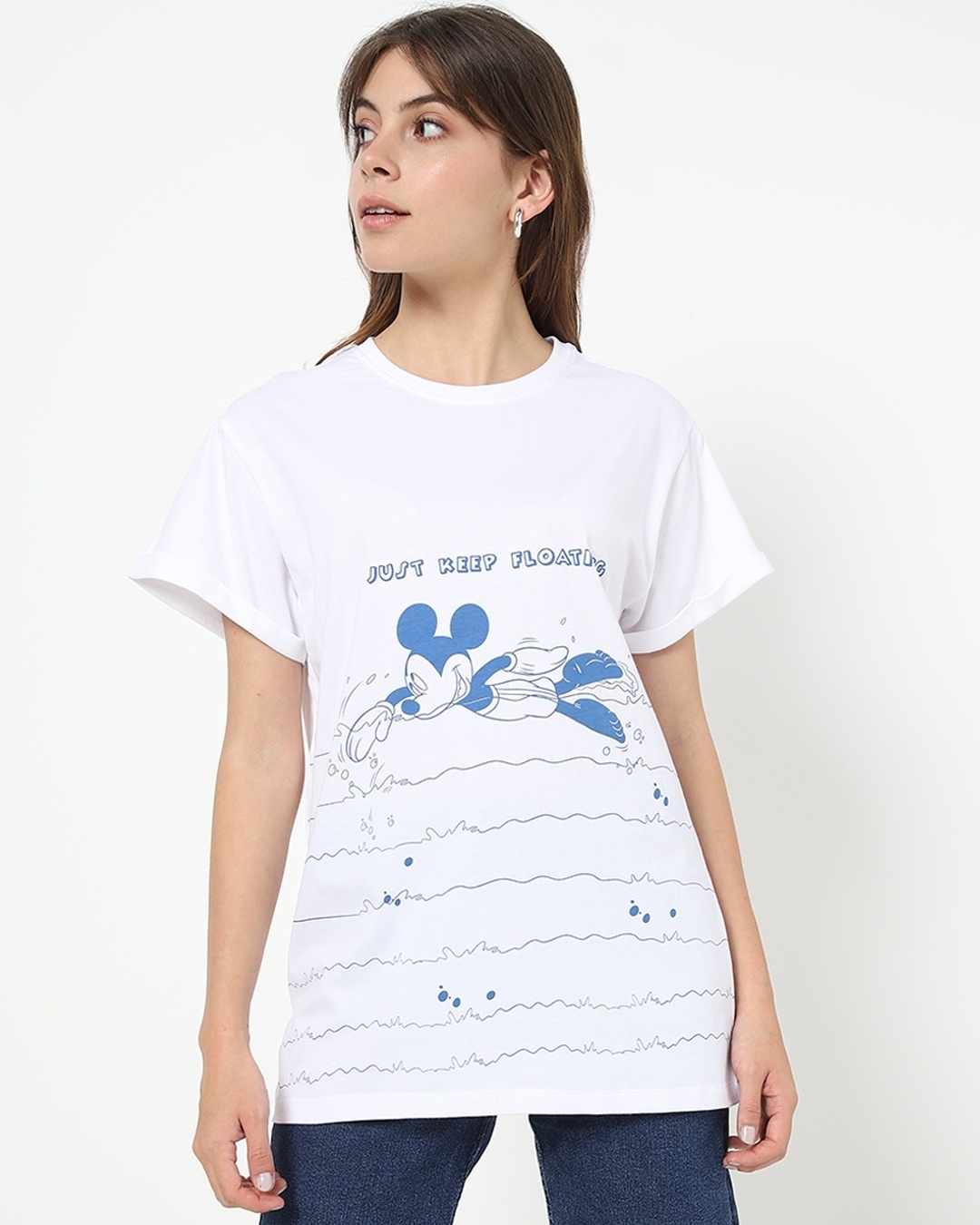 Shop Women's White Just keep Floating Graphic Printed Oversized T-shirt-Front