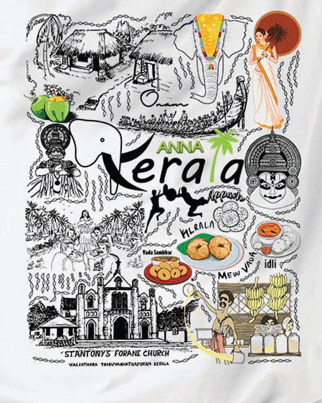 Buy Women's White Kerala Travel Doodle Premium Cotton Tshirt for Women