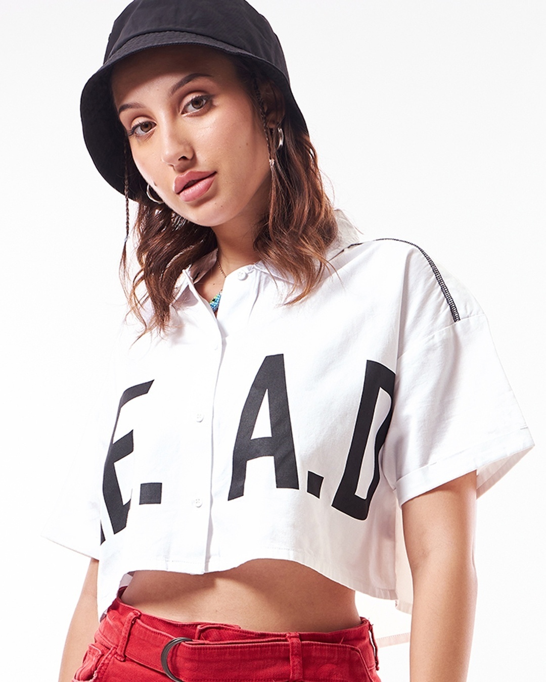 Women's White Lead Typography Oversized Crop Shirt