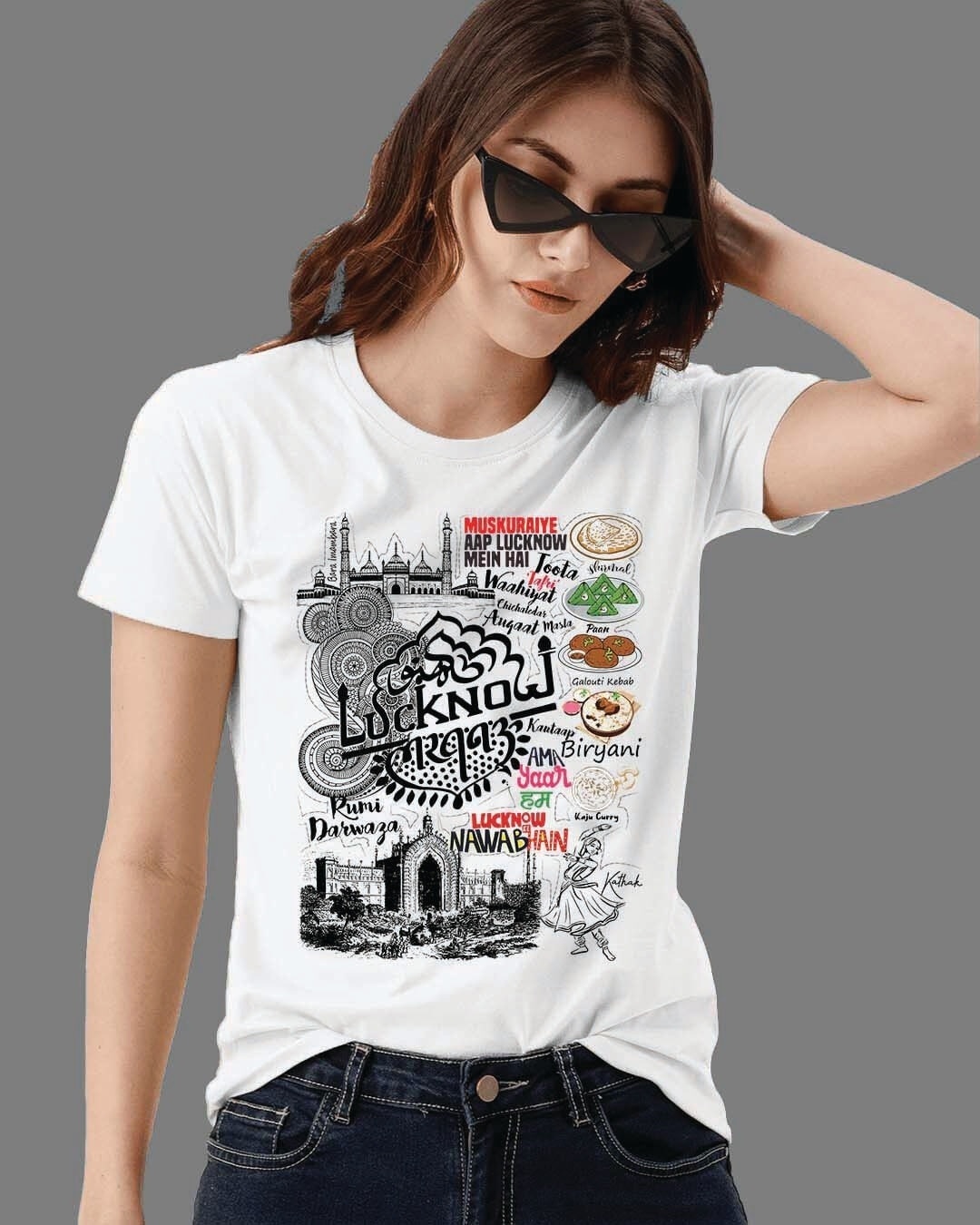 Shop Women's White Lucknow Travel Doodle Premium Cotton T-shirt