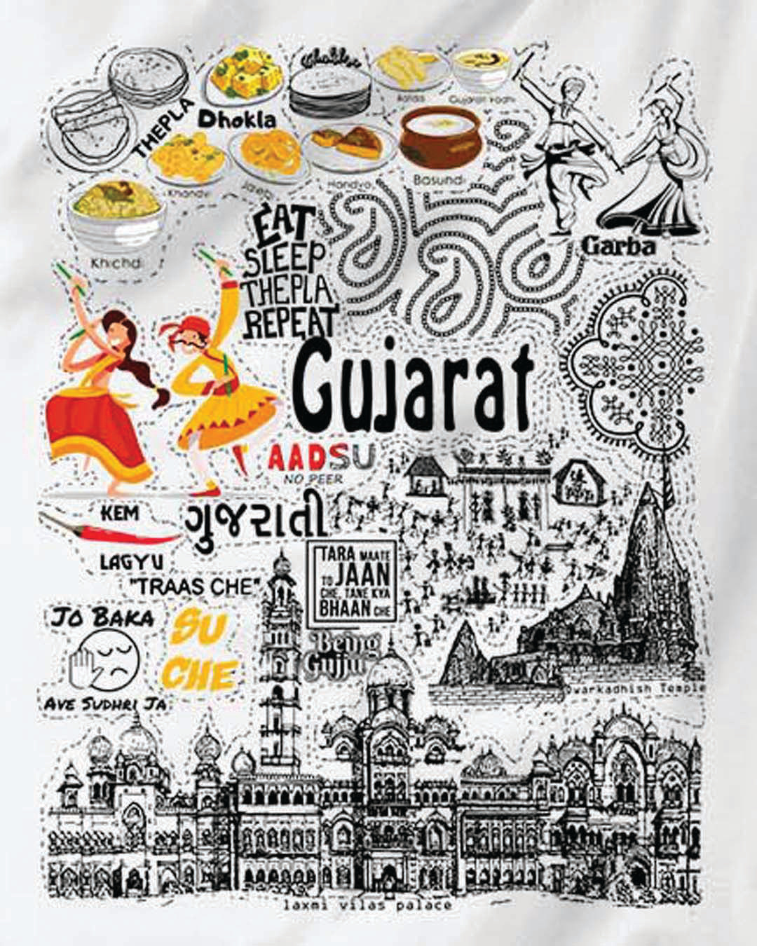Shop Women's White Printed Gujarat Travel Doodle T-shirt-Full