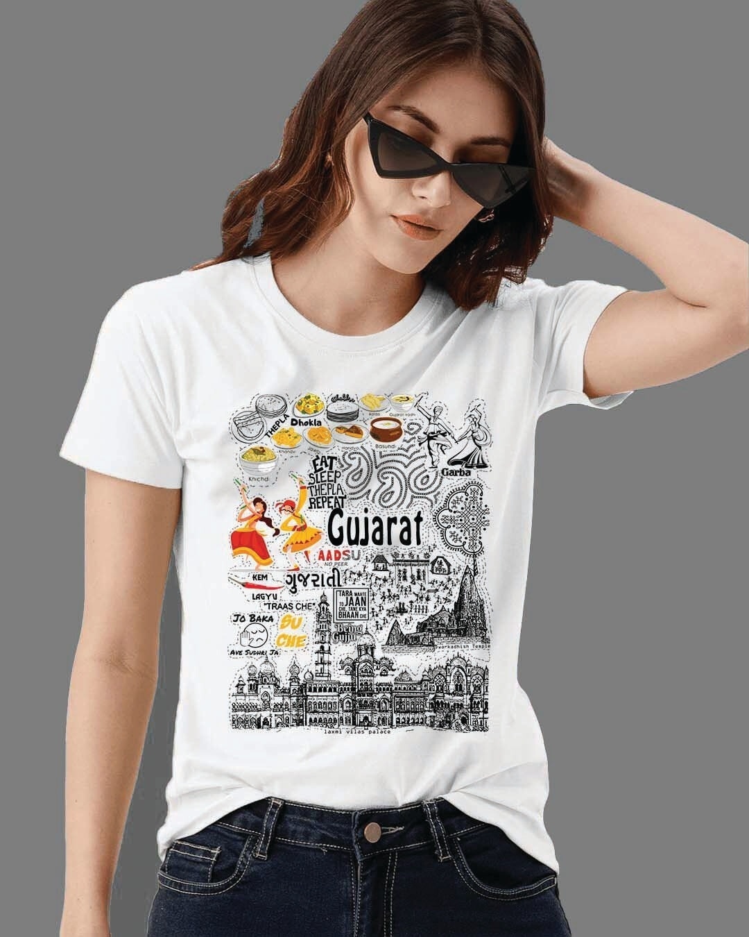 Shop Women's White Printed Gujarat Travel Doodle T-shirt-Front