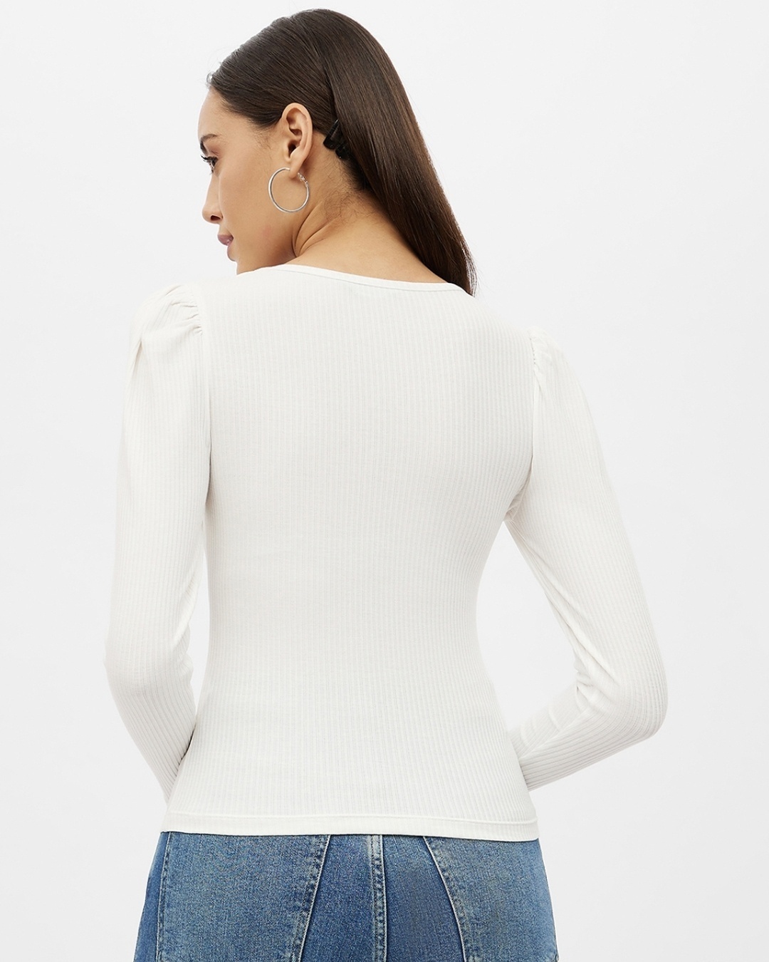 Shop Women's White Rayon Round Neck Long Puff Sleeve Top-Design