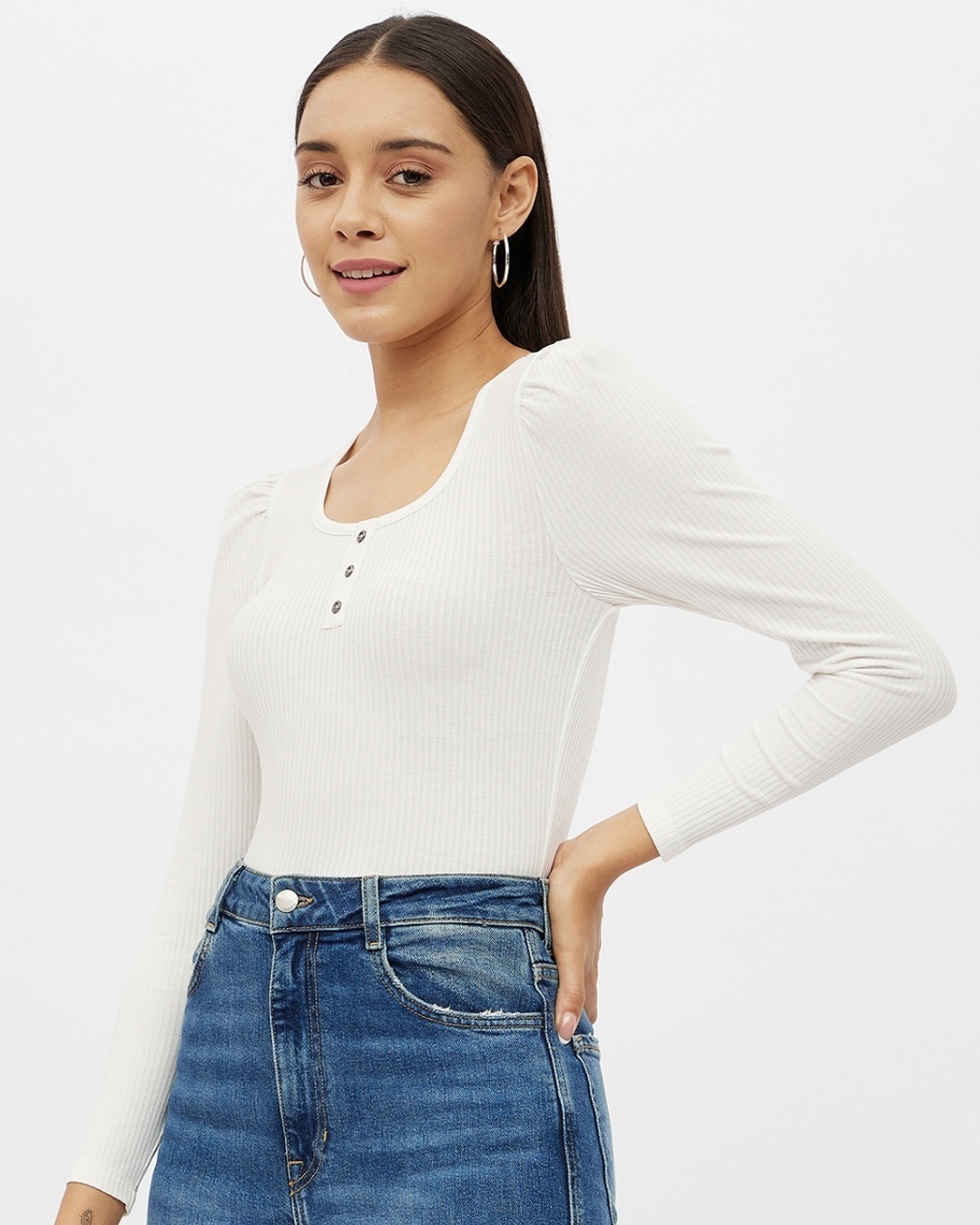 Shop Women's White Rayon Round Neck Long Puff Sleeve Top-Full