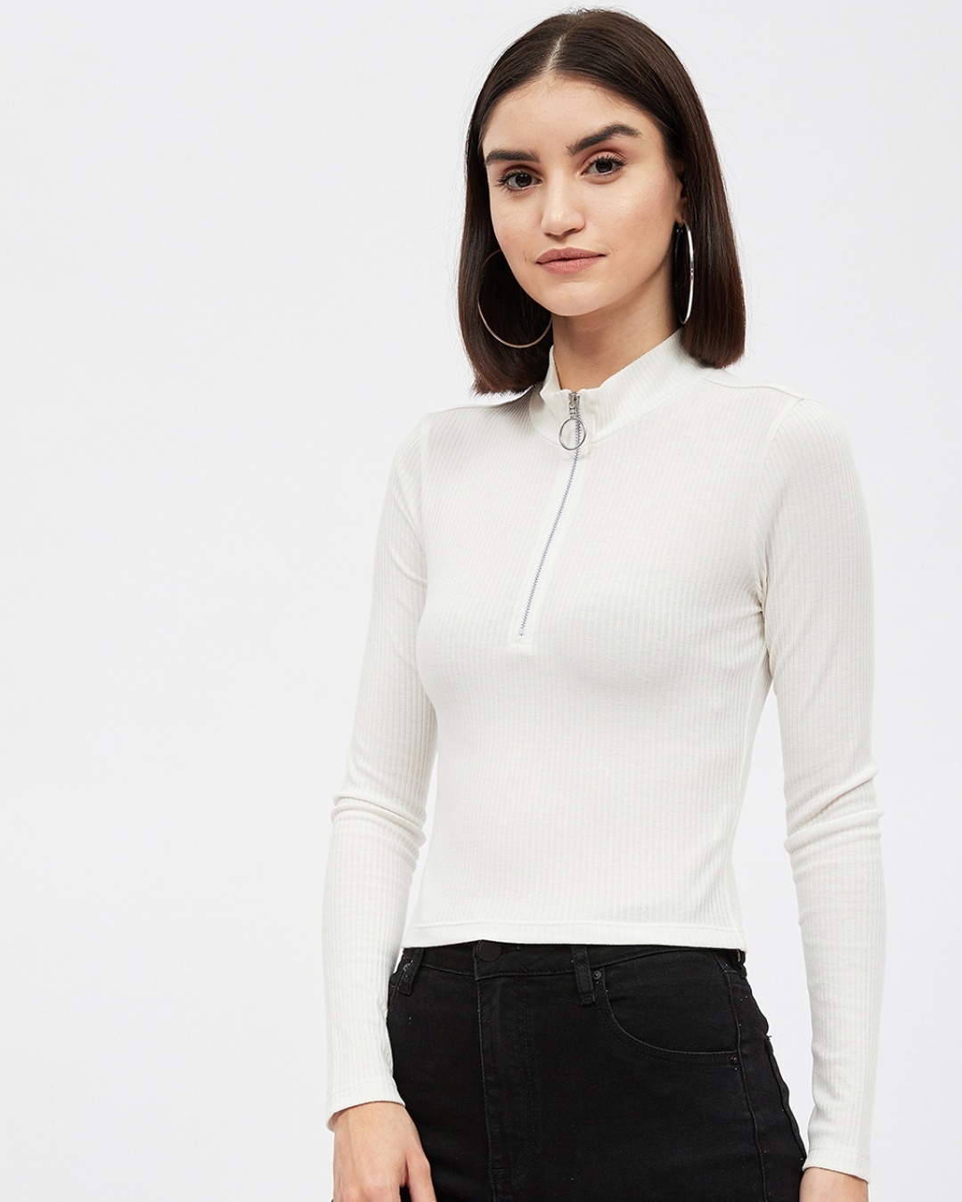 Shop Women's White RayonHigh Neck Long Sleeve Top-Full