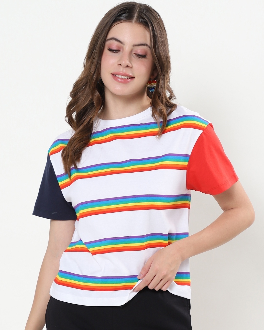 Shop Women's White Stripe Color Bock Relaxed Fit Short Top-Design