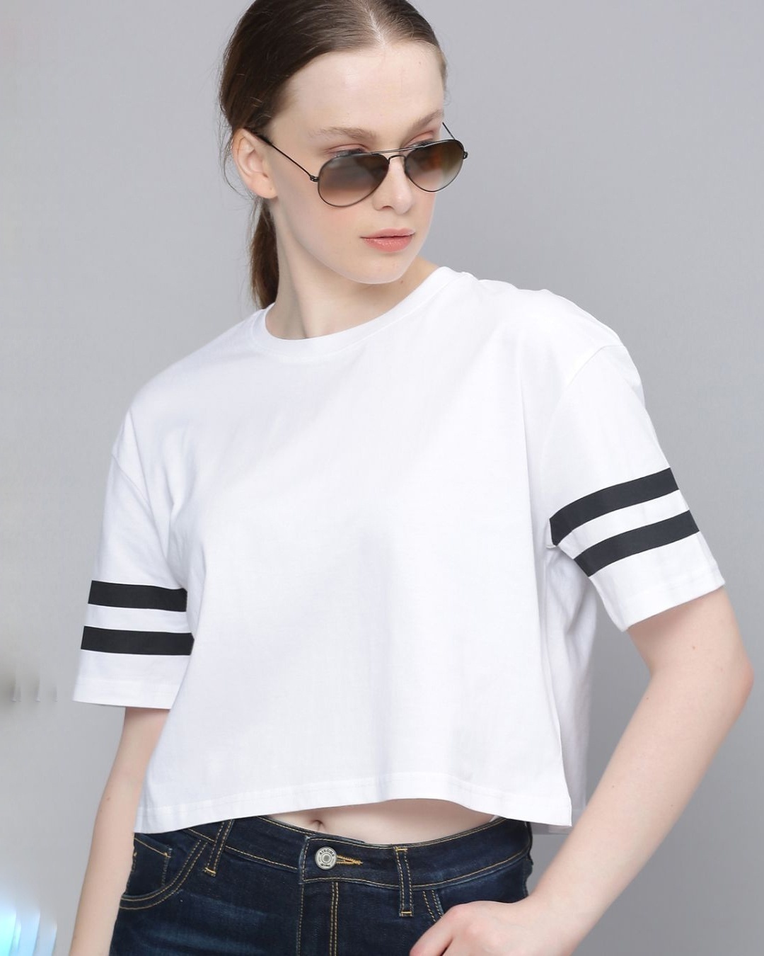 Shop Women's White Striped T-shirt-Front