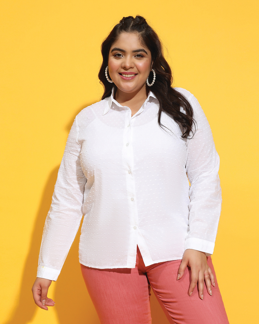 Women's White Textured Plus Size Shirt paired with denim skirt