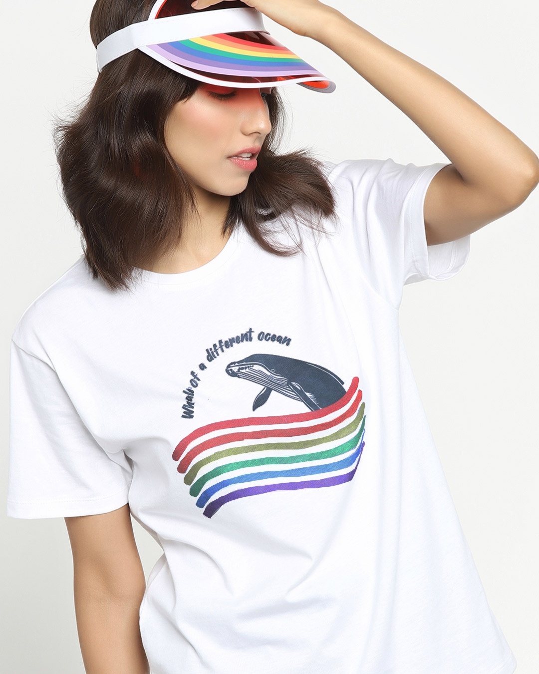 Shop Women's White Whale of a Different Ocean Typography Plus Size Boyfriend T-shirt-Front