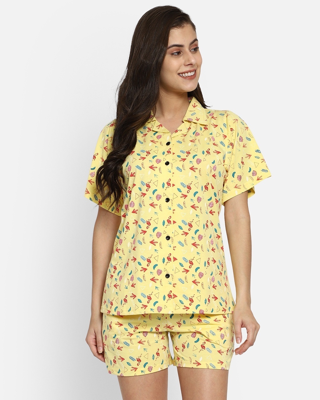 Shop Women's Yellow All Over Flamingo & Leaf Printed Cotton Shirt & Shorts Set-Front