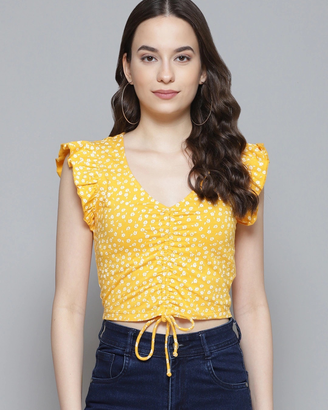 Shop Women's  Yellow All Over Printed Crop Top-Front