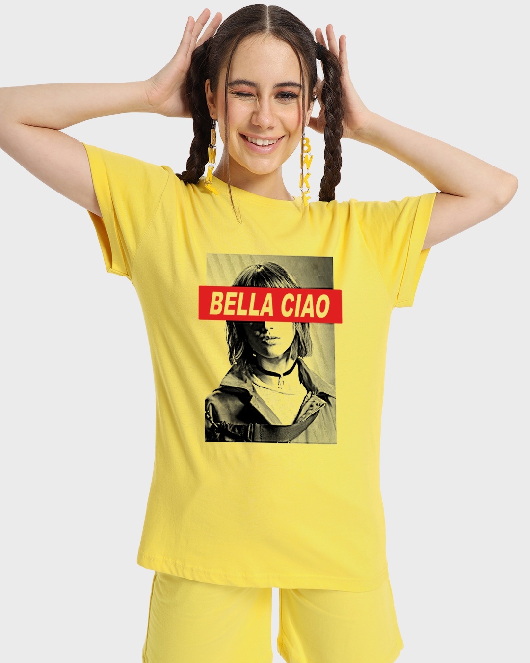 Women's Yellow Bella Tokyo Graphic Printed Boyfriend T-shirt paired with korean pants