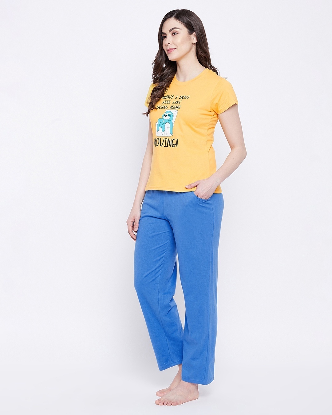 Shop Women's Yellow & Blue Lazy Sloth Graphic Printed Cotton T-shirt & Pyjamas Set-Full
