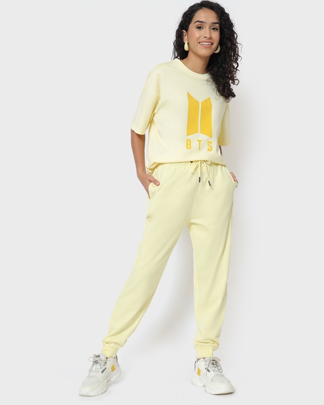Shop Women's Yellow BTS Typography Relaxed Fit Joggers-Front