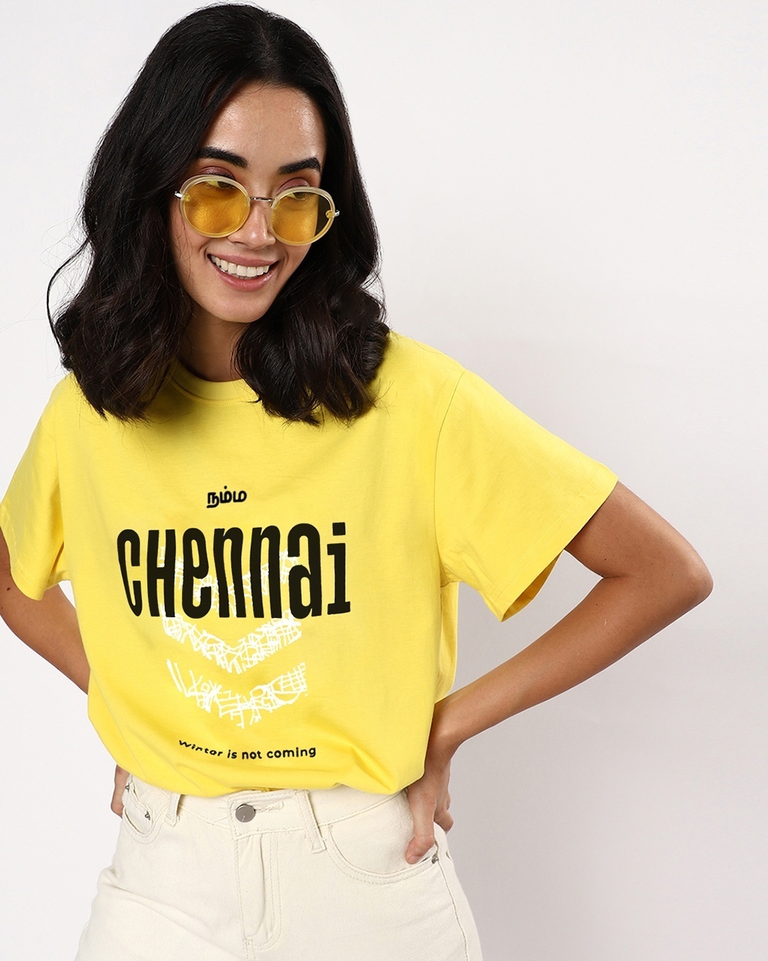 Shop Women's Yellow Chennai City Boyfriend Typography T-shirt-Front
