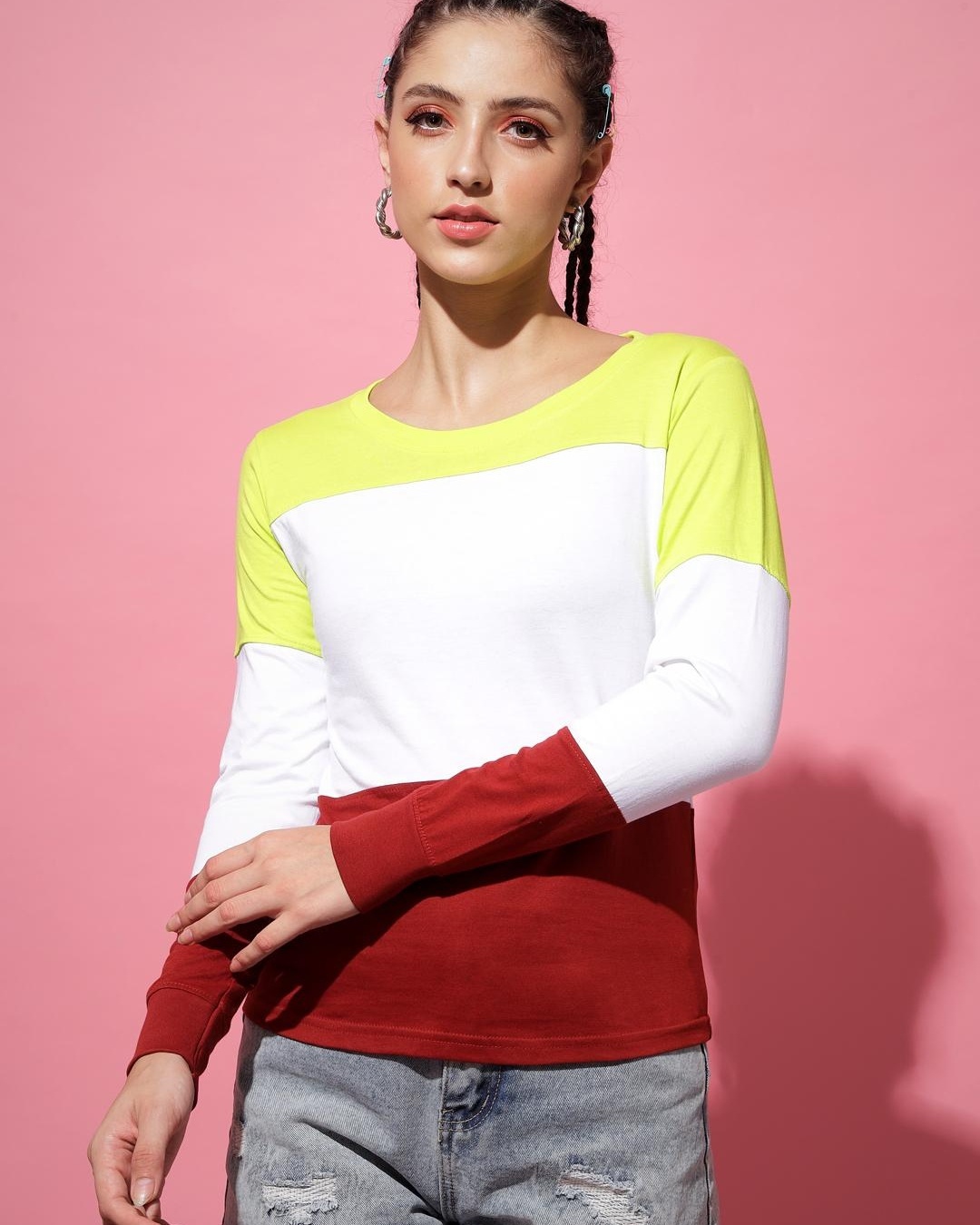 Shop Women's Yellow Color Block T-shirt-Front