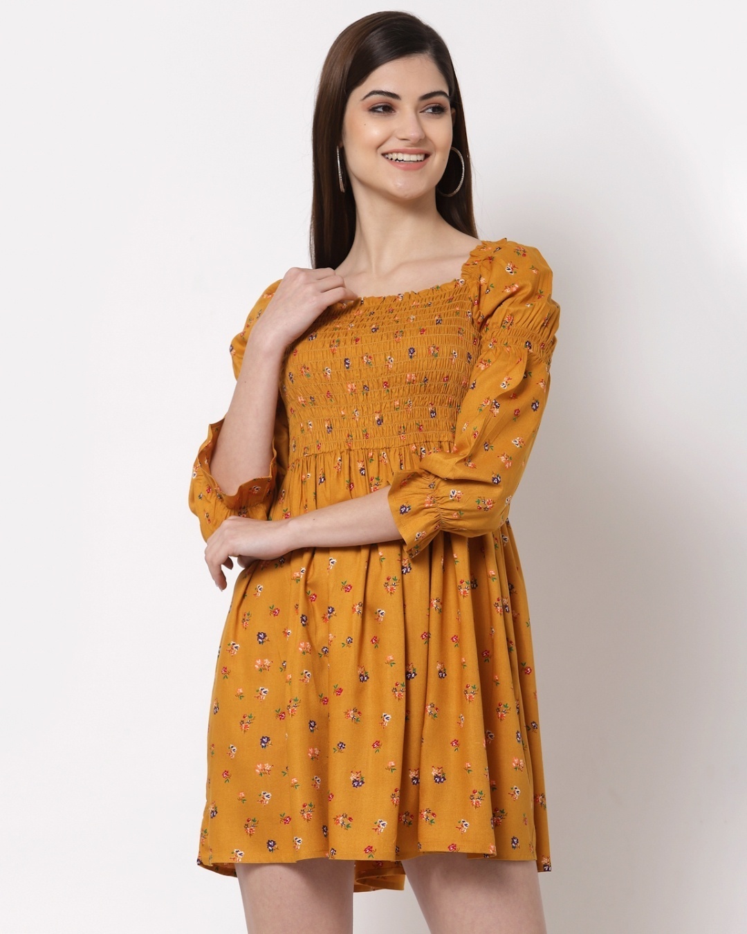 Shop Women's Yellow Floral Print Dress-Front