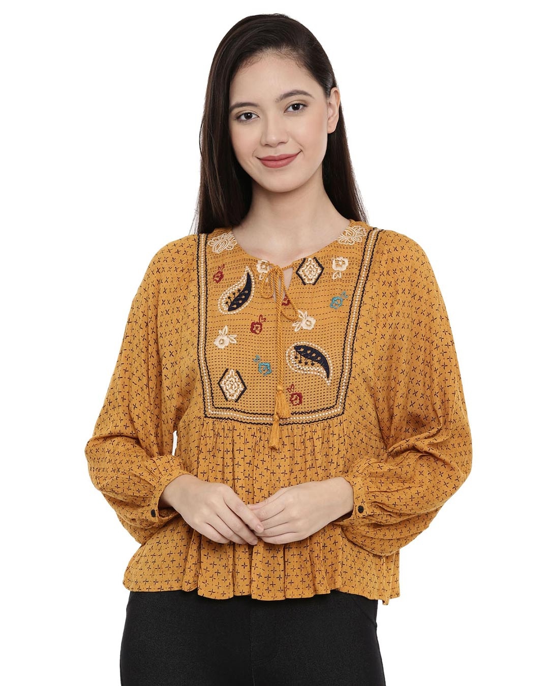 Shop Women's Yellow Floral Print Full Sleeve Top-Front