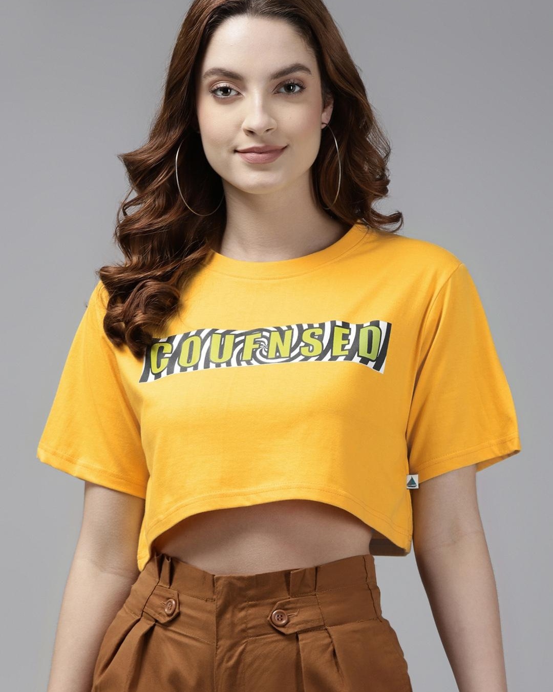 Shop Women's Yellow Graphic Printed Loose Fit Crop T-shirt-Front