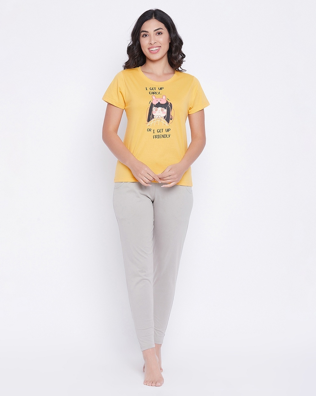 Shop Women's Yellow & Grey I Get Up Early Graphic Printed Cotton T-shirt & Pyjamas Set-Front