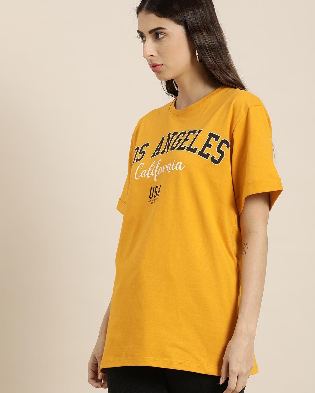 Shop Women's Yellow Los Angeles Typography Oversized T-shirt-Back