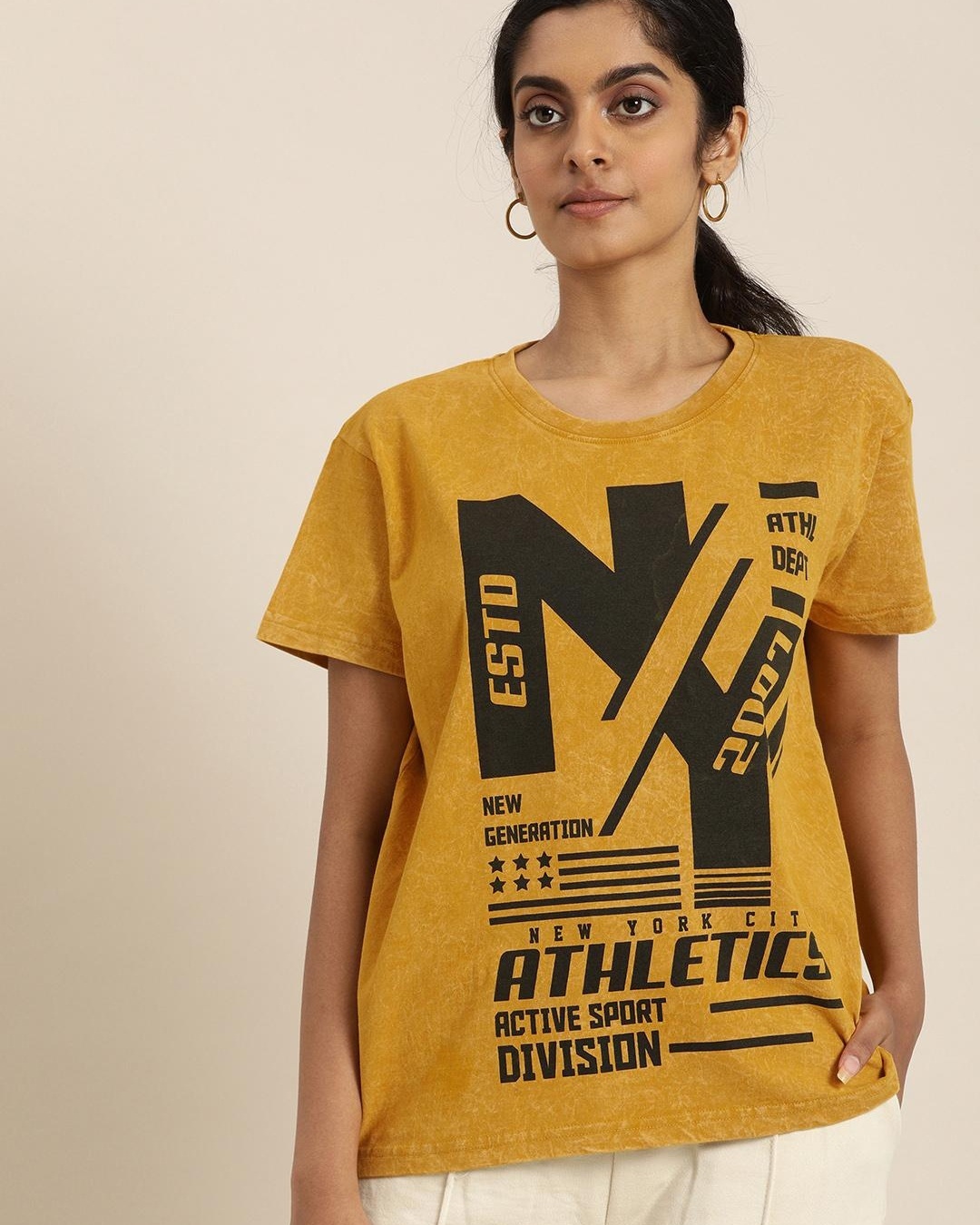 Shop Women's Yellow NY Typography Relaxed Fit T-shirt-Front