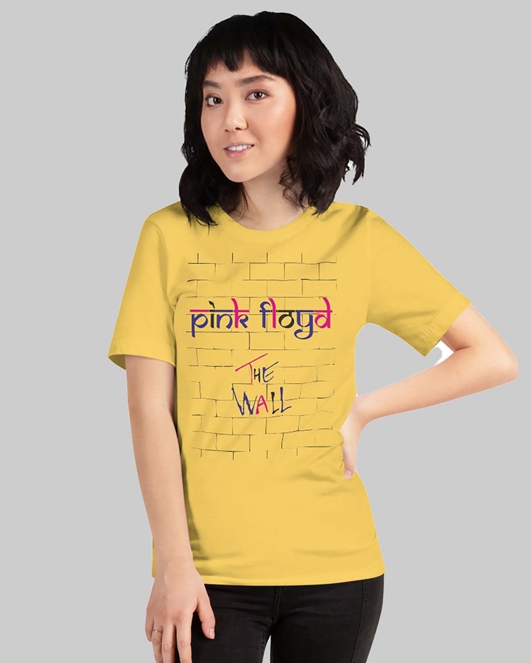 Shop Women's Yellow Pink Floyd The Wall Typography Loose Fit T-shirt-Front