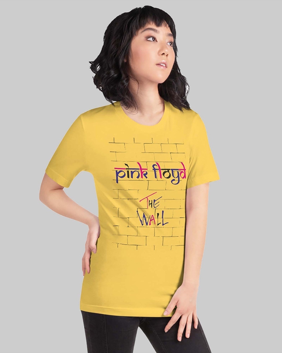 Shop Women's Yellow Pink Floyd The Wall Typography Loose Fit T-shirt-Back