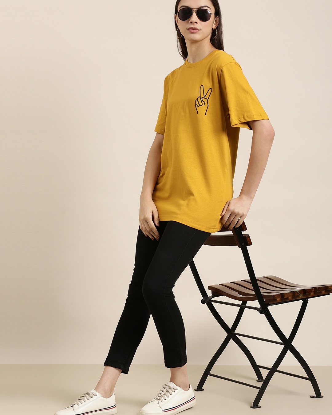 Shop Women's Yellow Printed Oversized T-shirt-Full