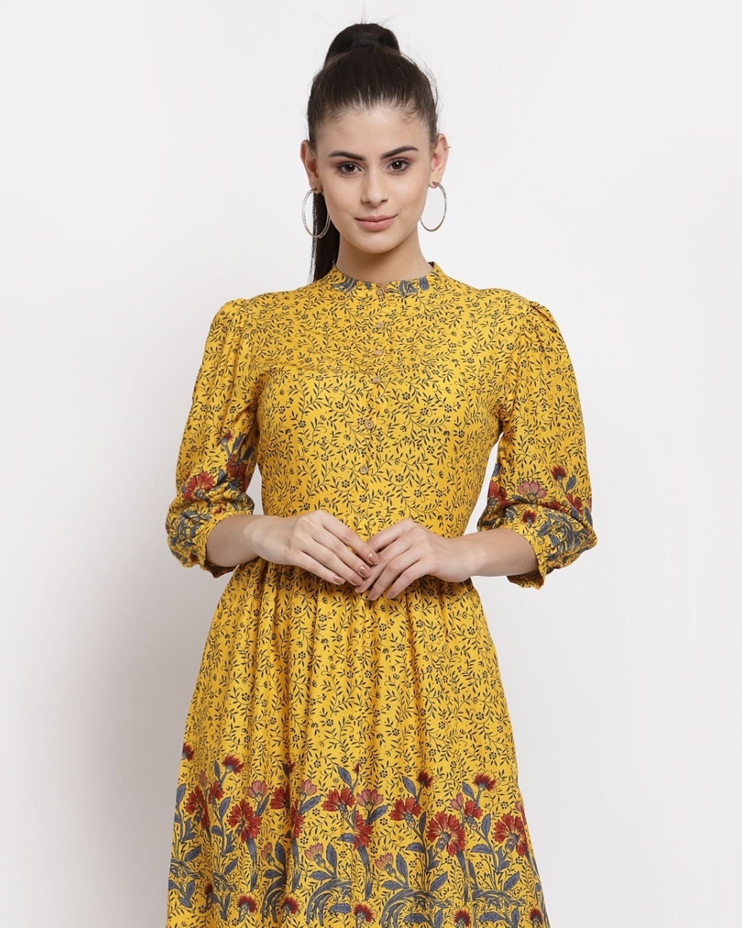 Shop Women's Yellow Printed Rayon Dress-Front