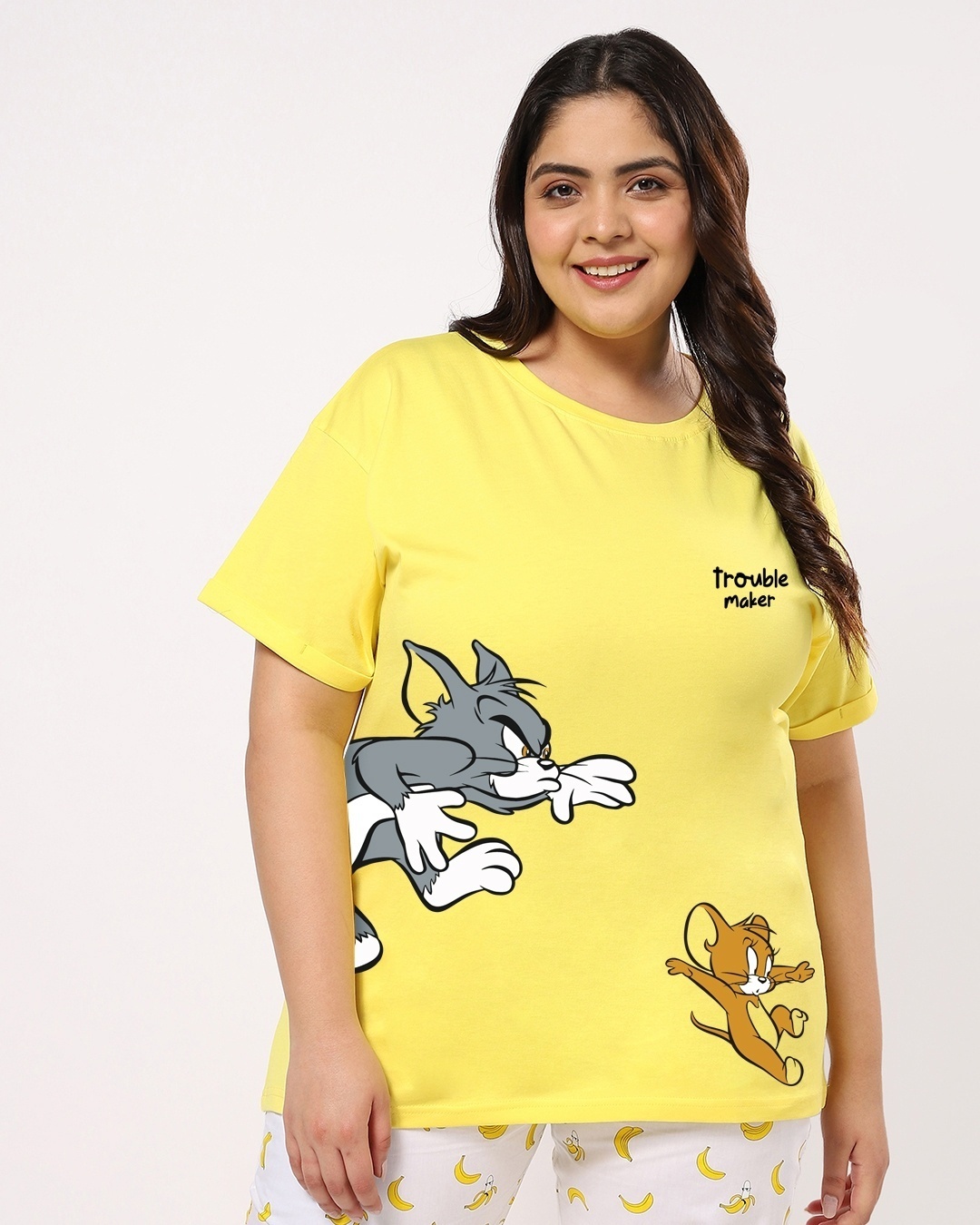 Shop Women's Yellow Trouble Maker Graphic Printed Plus Size Boyfriend Fit T-shirt-Front