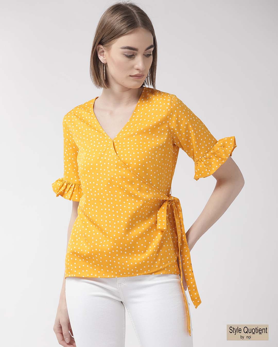 Shop Women's Yellow & White Polka Dot Printed Wrap Top-Front