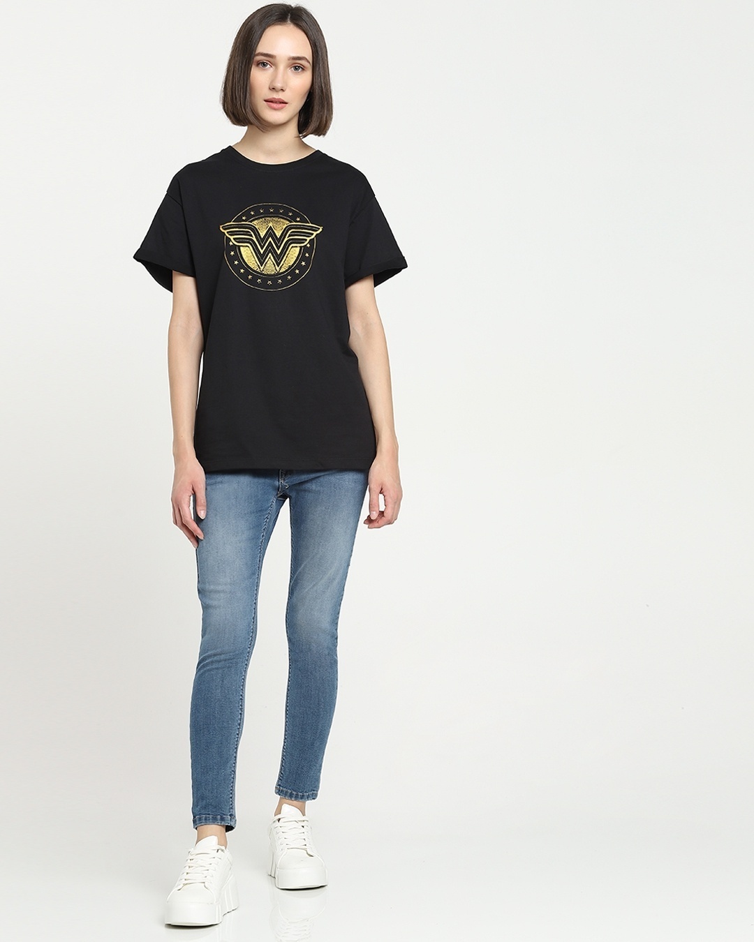 Shop Wonder Woman Gold Plated Logo Boyfriend T-Shirt Black (DCL)-Full