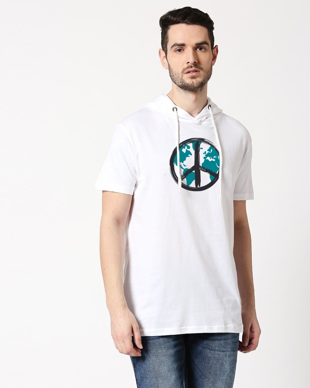Shop World Peace Half Sleeve Hoodie T-Shirt White-Front