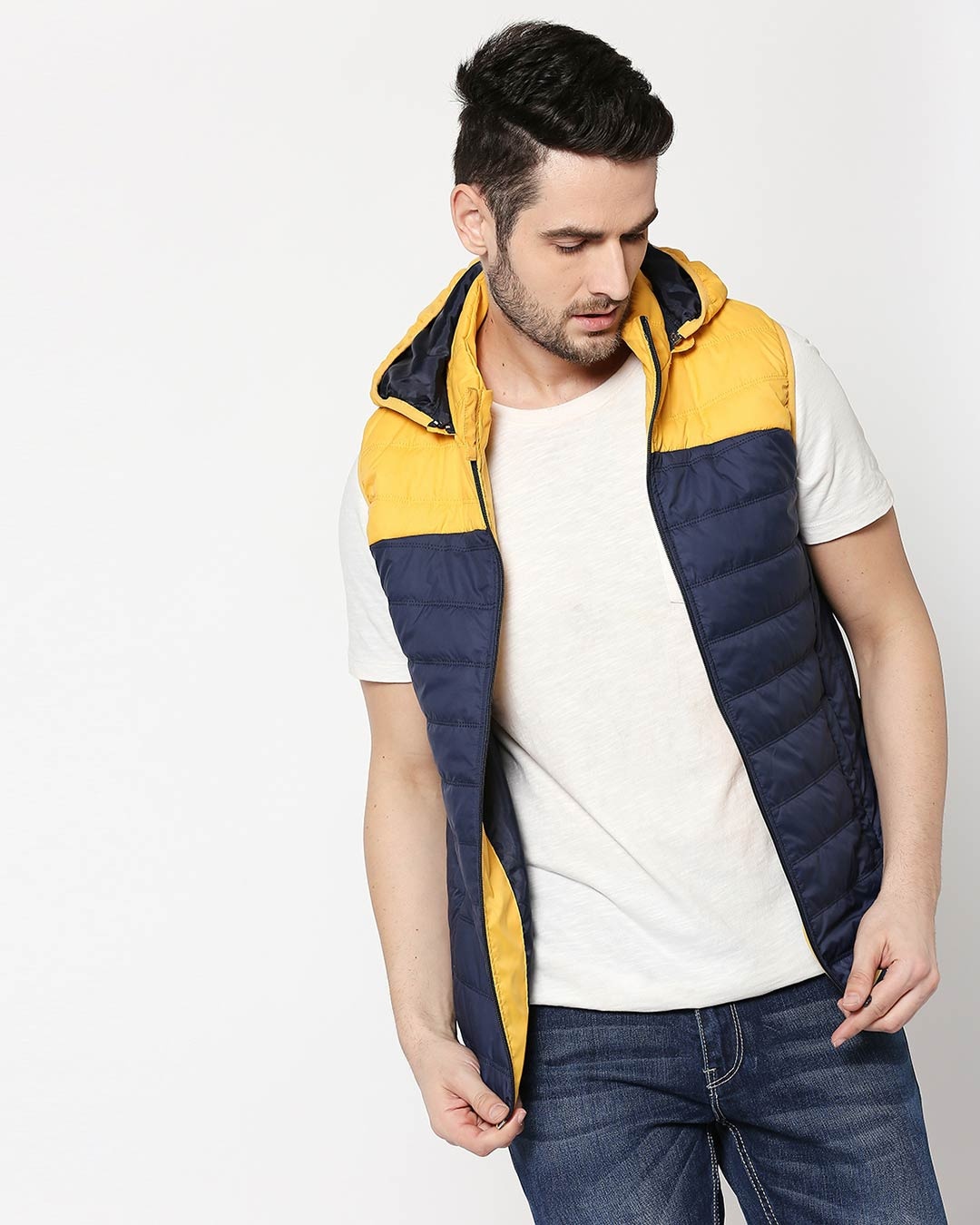 Shop Yellow & Blue Two Block Vest Puffer Jacket with Detachable Hoodie-Back