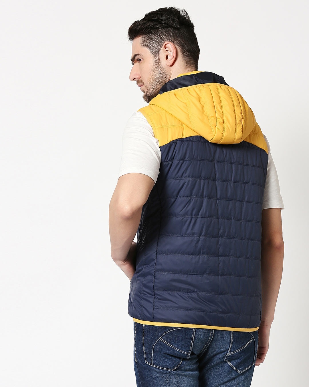 Shop Yellow & Blue Two Block Vest Puffer Jacket with Detachable Hoodie-Full
