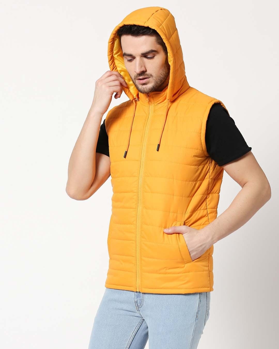 Shop Yellow Plain Sleeveless Puffer Jacket with Detachable Hood-Design